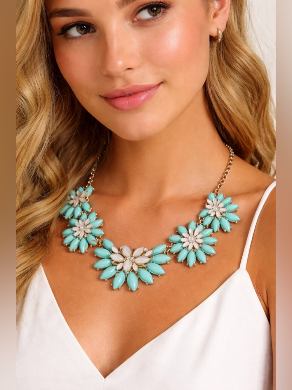Turquoise White Floral Statement Necklace Gold Tone Bold Summer Bib